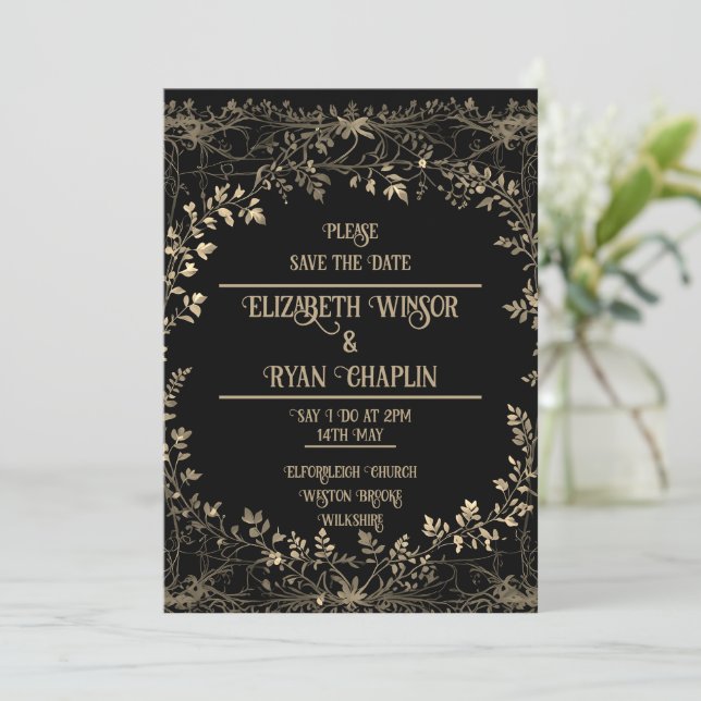 Save The Date Golden Floral Black Elegant (Debout devant)