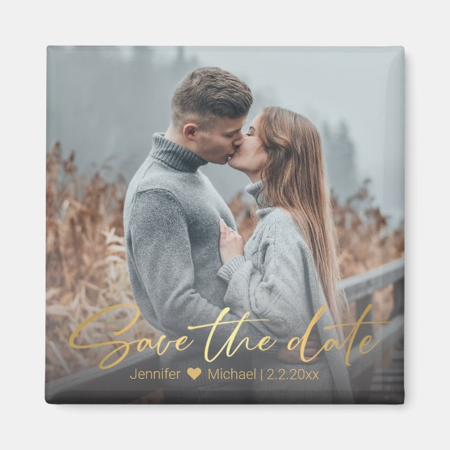 save the date, golden handwriting wedding photo magnet (Front)