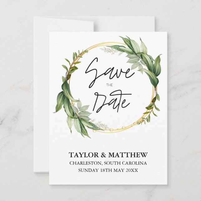 Save The Date Golden Leaf Green Mariage élégant (Devant)