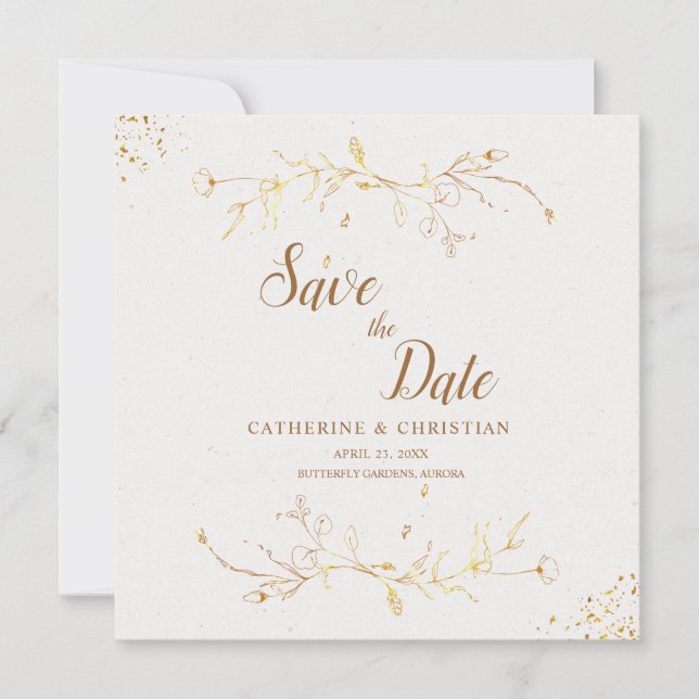 Save the Date Golden Outline Flowers Square Invitation (Front)