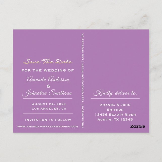 Save The Date Golden Script Photo Lavender Purple Postcard (Back)