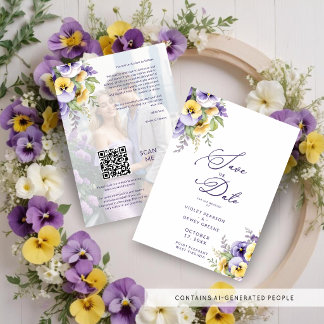 Save The Date Gorgeous Botanical Purple Pansies Flowers Photo