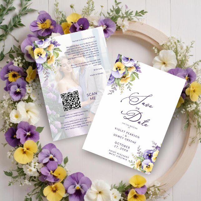 Save The Date Gorgeous Botanical Purple Pansies Flowers Photo (Gorgeous Spring Chic Botanical Purple Pansies Flowers Bouquets Photo Save the Dates Cards. )