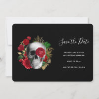 Goth Crâne avec Roses rouges et Feuilles d'or