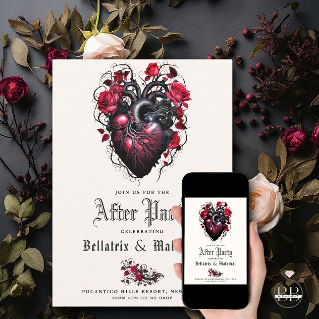 Save The Date Goth Floral Coeur Crimson Cherry après la fête (Créateur téléchargé)