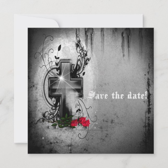 Save The Date Gothic Cross and Roses Invitation (Front)