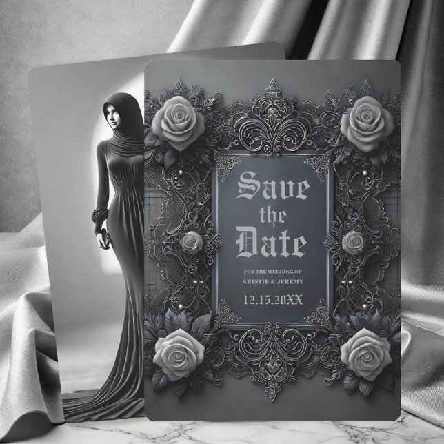 Save The Date Gothique blanc gris floral photo Enregistrer la da (Créateur téléchargé)