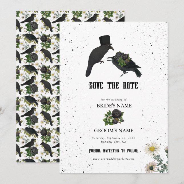 Save The Date Gothique Halloween noir Rose Corbeaux Mariage (Devant / Derrière)