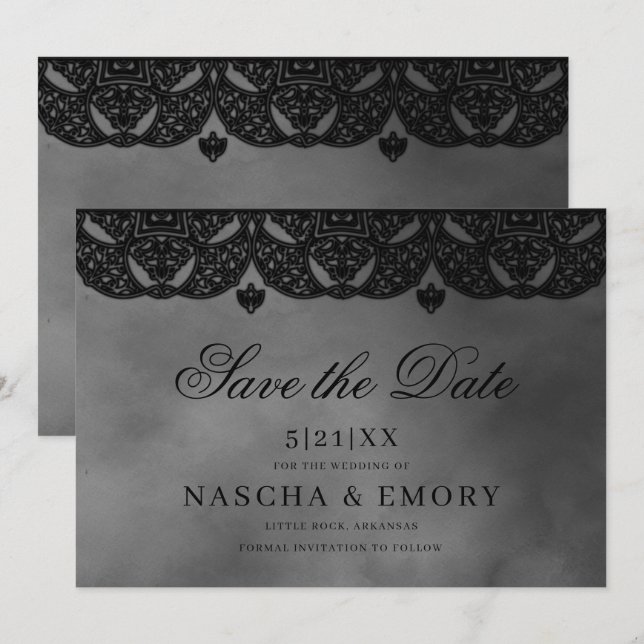 Save The Date Gothique Médiéval Élégant Mariage de dentelle noir (Devant / Derrière)