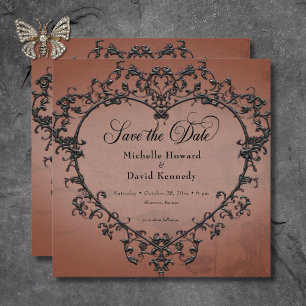 Save The Date Gothique Noir & Rust Filigree Mariage de coeur