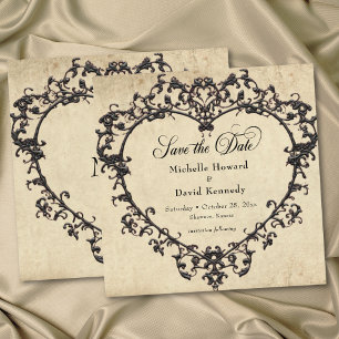 Save The Date Gothique Noir Tan Parchemin Filigrane Cœur Mariage