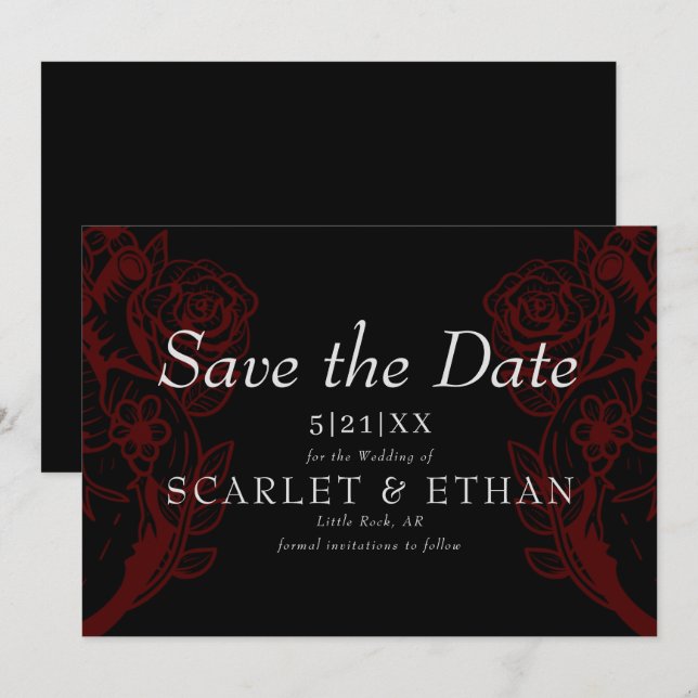 Save The Date Gothique Rouge & Noir Coeur Floral Mariage moderne (Devant / Derrière)
