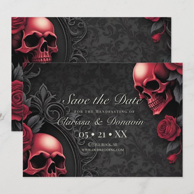 Save The Date Gothique Rouge & Noir Crâne & Rose Damas Manches (Devant / Derrière)