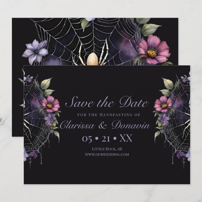 Save The Date Gothique Violet Floral Spider Web Handfasting (Devant / Derrière)
