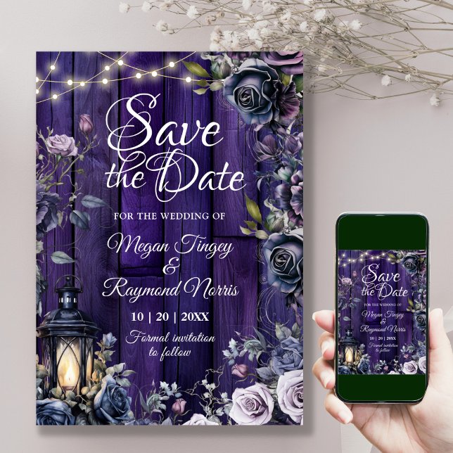 Save The Date Gothique Violet foncé Floral Rustique Plaques en b (Créateur téléchargé)