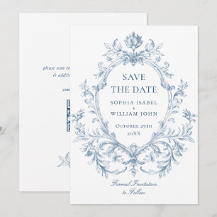 Save The Date Grâce Ornée Victorienne Florale Bleu Poussiéreux M