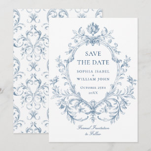 Save The Date Grâce Ornée Victorienne Florale Bleu Poussiéreux M