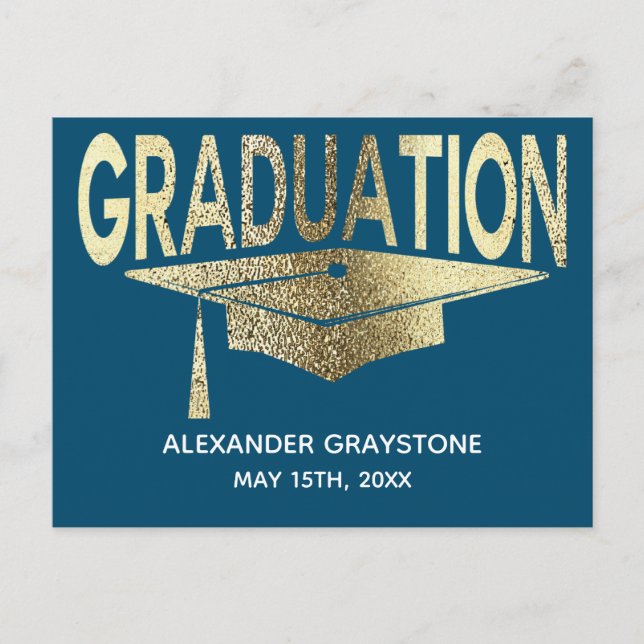 Save The Date Graduation Blue& Faux Gold Modern Announcement Postcard (Front)