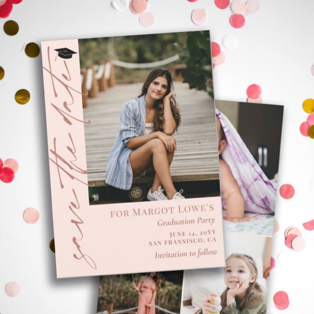 Save The Date Graduation en calligraphie rose et laiton (Créateur téléchargé)