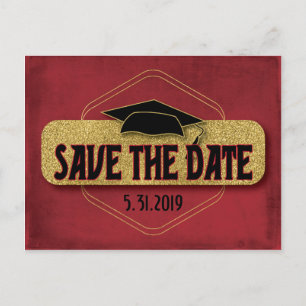 Save The Date Graduation Modern Red Gold Postcard