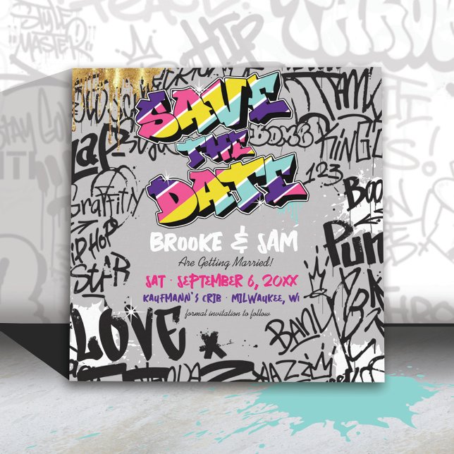 Save The Date Graffiti Hip hop des années 80 Enregistrer la date (Fun colorful retro vintage 80's hip hop graffiti gold record wedding invitation suite save the date)