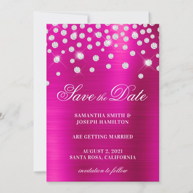 Save The Date Grand Confetti Diamant Rose Fuchsia Ombre Foil (Devant)