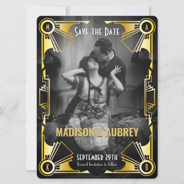 Save The Date Grand Gatsby Art Déco Mariage Gold & Black Photo (Devant)