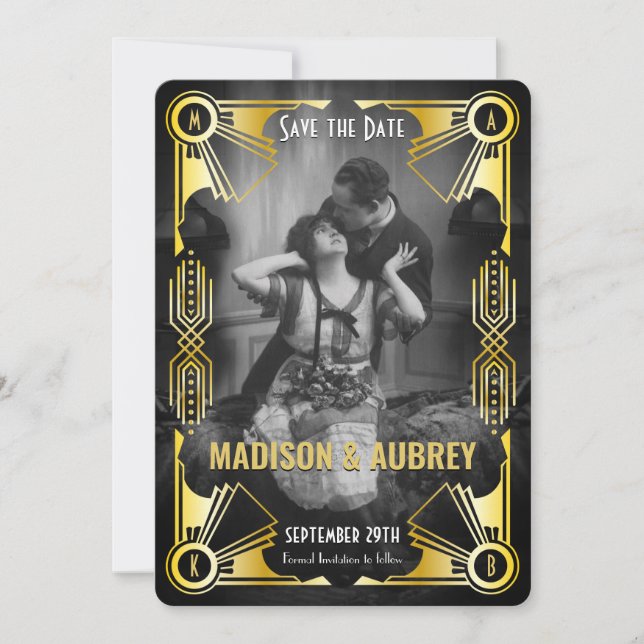 Save The Date Grand Gatsby Art Déco Mariage Gold & Black Photo (Devant)