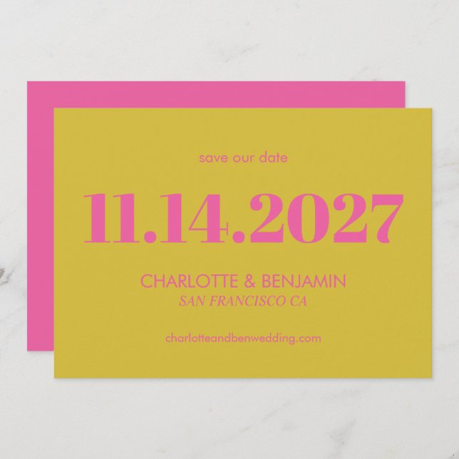 Save The Date Gras Bright rose et jaune typographie moderne (Devant / Derrière)