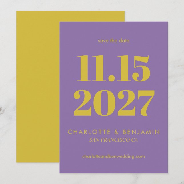 Save The Date Gras brillant violet et jaune typographie moderne (Devant / Derrière)