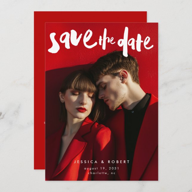 Save The Date Gras Edgy Modern Brush Script Mariage photo (Devant / Derrière)