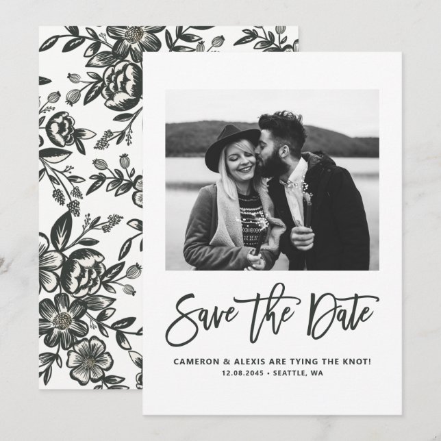 Save The Date Gras Moderne Calligraphie Florale Photo (Devant / Derrière)