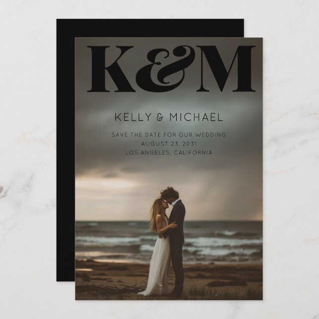 Save The Date Gras Monogramme Noir Initiales Mariage photo moder (Devant / Derrière)