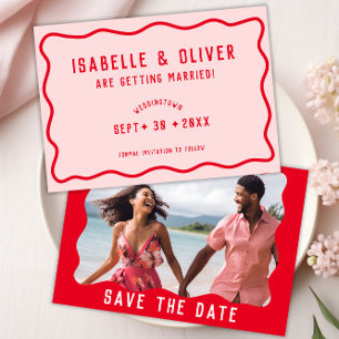 Save The Date Gras rose vif rouge squiggle Wavy Retro Photo