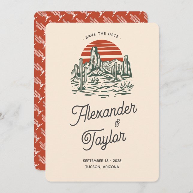 Save The Date Gras Rouge Rétro Saguaro Mariage du désert du pays (Devant / Derrière)