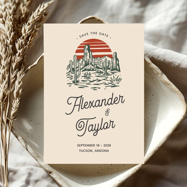 Save The Date Gras Vert Rétro Saguaro Cactus Mariage du désert (Créateur téléchargé)