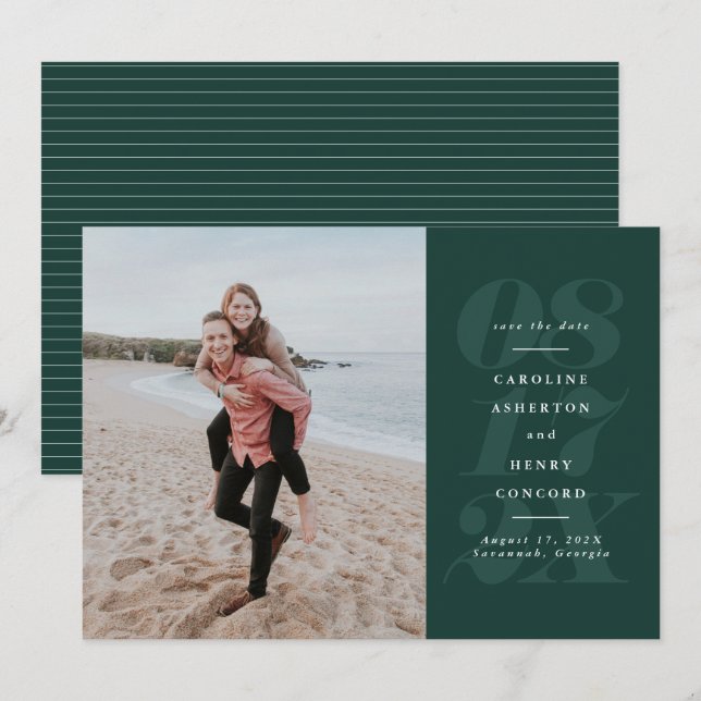 Save The Date Gras vert typographie élégante photo enregistrer l (Devant / Derrière)