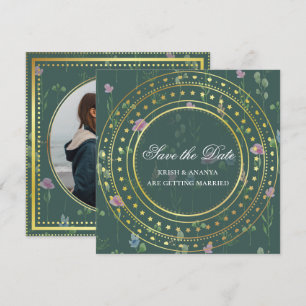 Save The Date Green and Gold Floral, Wedding Invitation