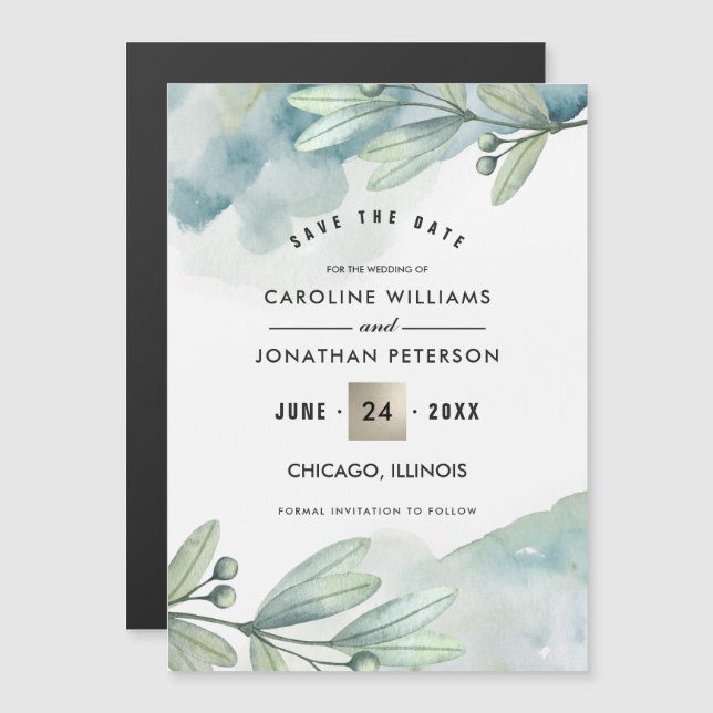 Save the Date. Green Blue Botanical Wedding  Magnetic Invitation (Front/Back)