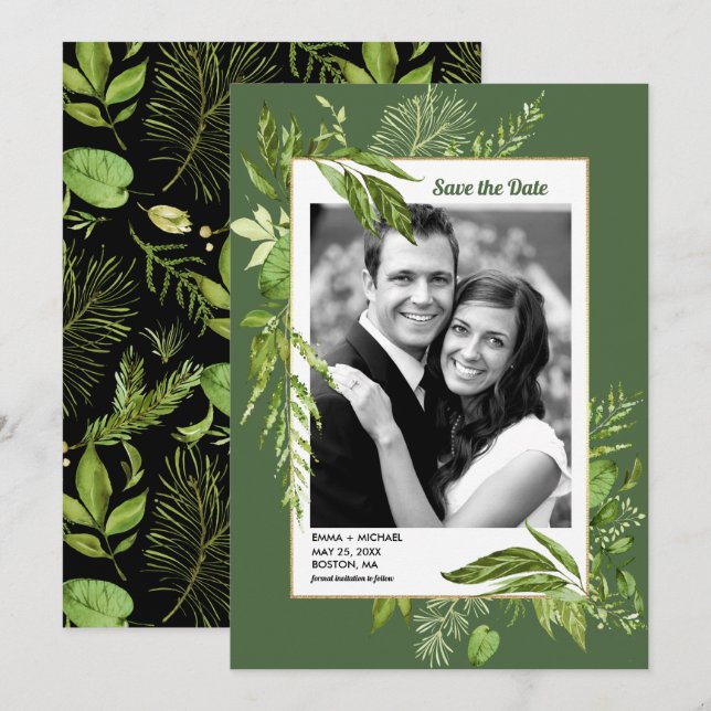 Save the Date. Green Botanical Wedding Photo Invitation (Front/Back)