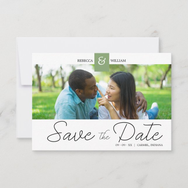 Save The Date Green Chic Custom Photo Instant Engaged Couple (Devant)