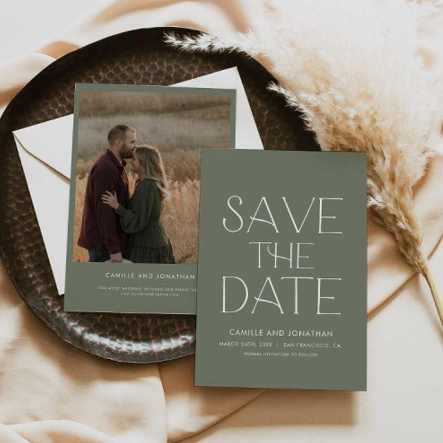 Save The Date Green Elegant Minimal Photo Enregistrer la date (Green Modern Save the Date Photo Card)