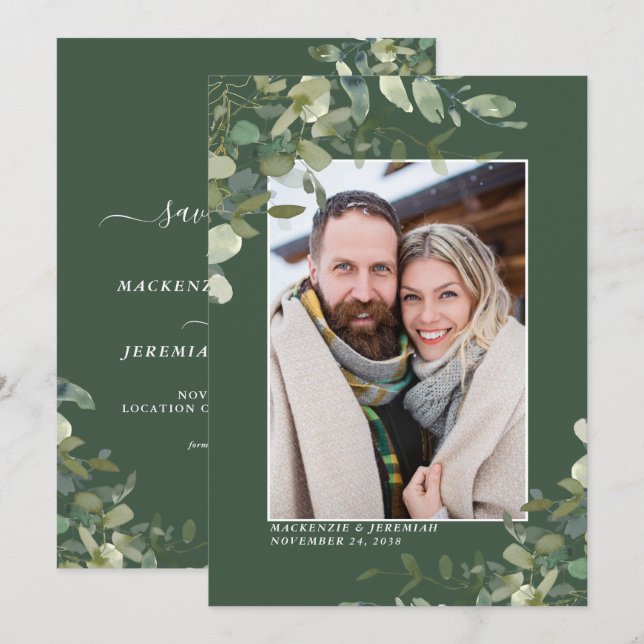 Save The Date Green Eucalyptus Mariage Photo Enregistrer la date (Devant / Derrière)