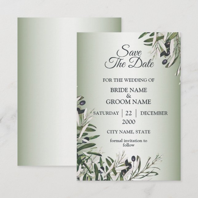 Save The Date Green Leaves Black Olive Elegant Wedding (Devant / Derrière)