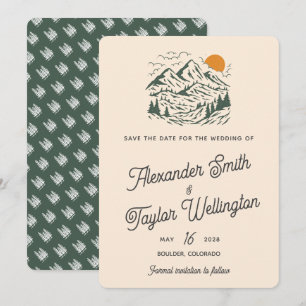 Save The Date Green Retro Vintage Mountain Mariage paysager