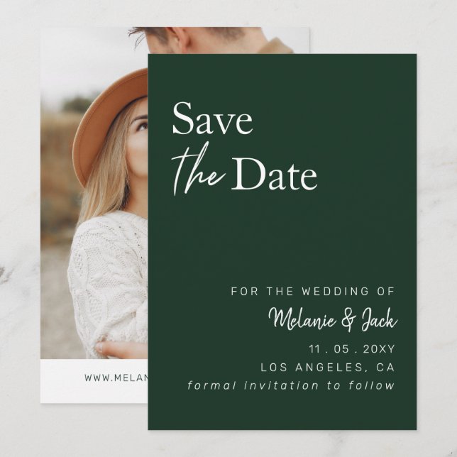 Save The Date Green Simple Calligraphy Photo Enregistrer La Date (Devant / Derrière)