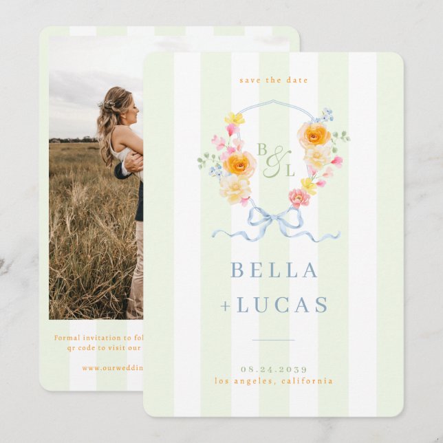 Save The Date Green Stripes Floral Crest Monogram Spring Wedding (Devant / Derrière)