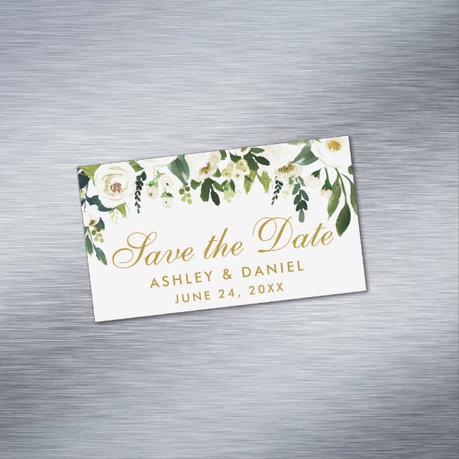 Save The Date Green White Floral Mini Magnet (In Situ)