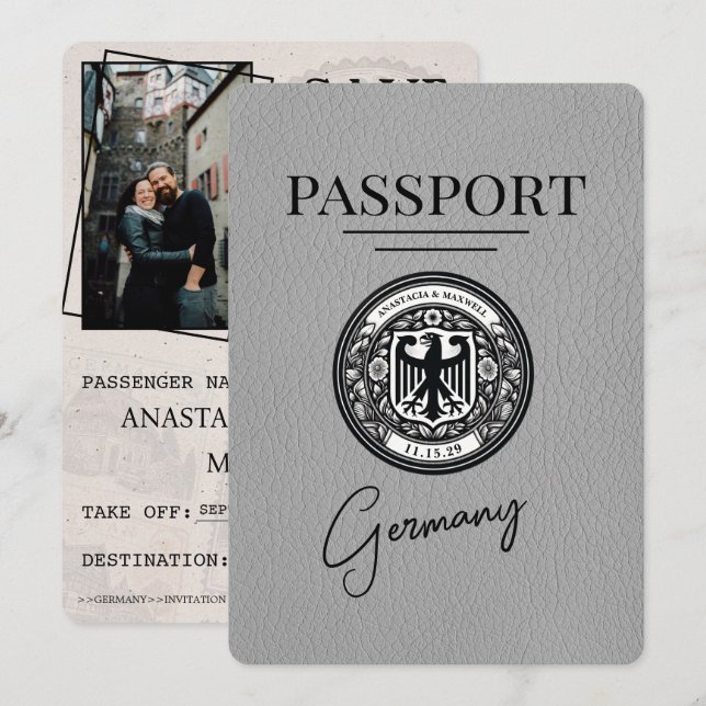Save The Date Grey Allemagne Passeport Enregistrer La Date (Devant / Derrière)
