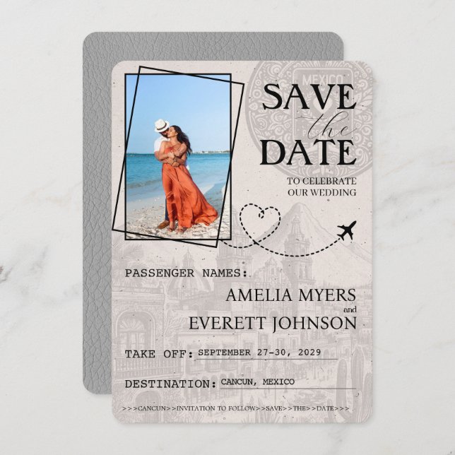Save The Date Grey Cancun Passeport Enregistrer La Date (Devant / Derrière)